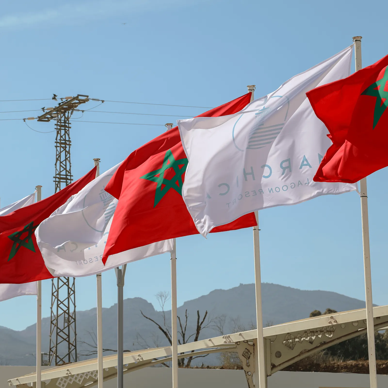 Plusieurs drapeaux marocains et des bannières blanches flottent au vent devant un paysage montagneux et des pylônes électriques