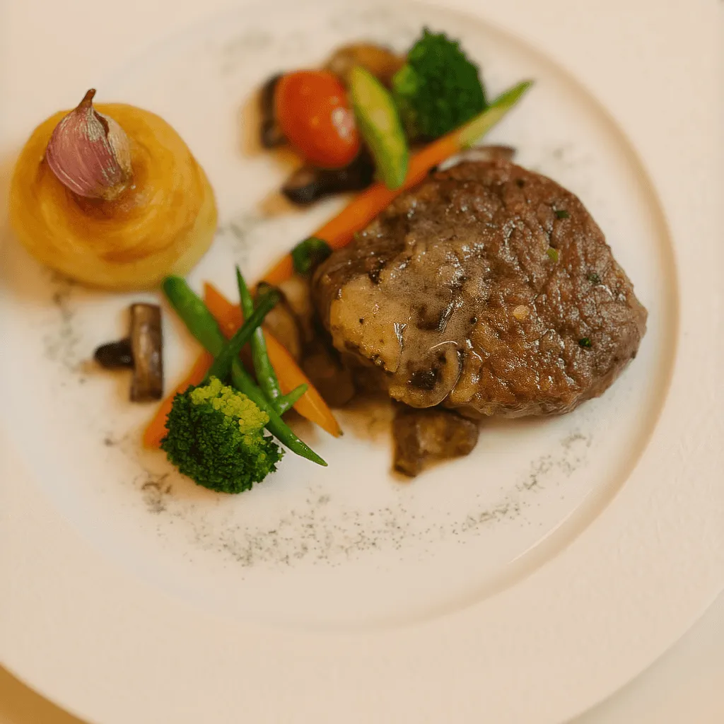 Un plat composé d'une pièce de viande grillée, de légumes variés et d'une préparation d'oignons