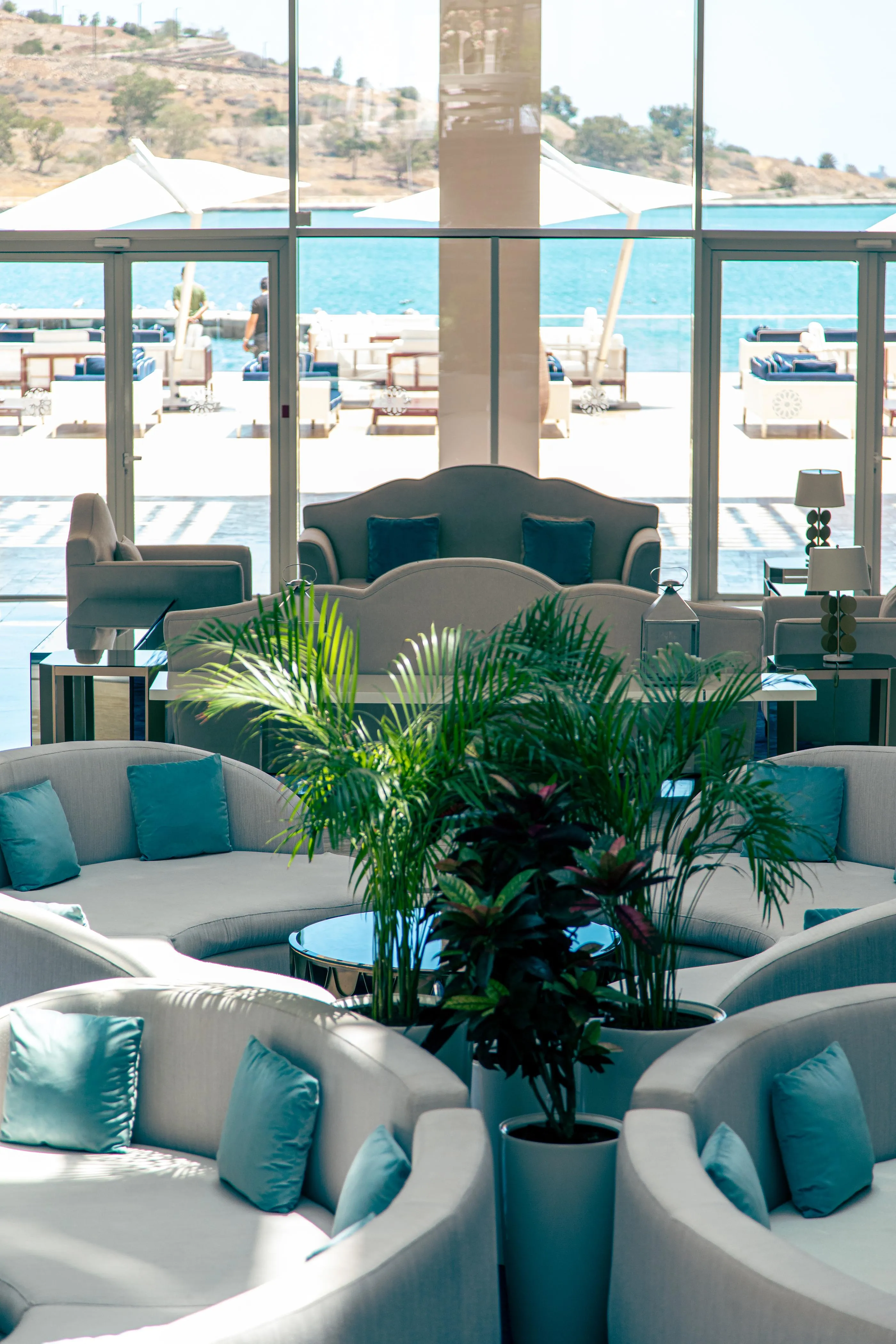 Un salon avec des canapés gris et des coussins bleus, une plante verte au centre, et une vue sur une piscine et la mer à travers de grandes baies vitrées
