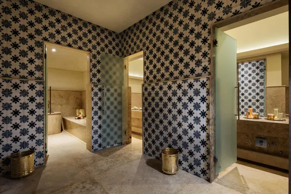 Salle de bain luxueuse avec des carreaux muraux à motifs floraux bleus et blancs, des vasques en pierre et des accessoires en métal doré